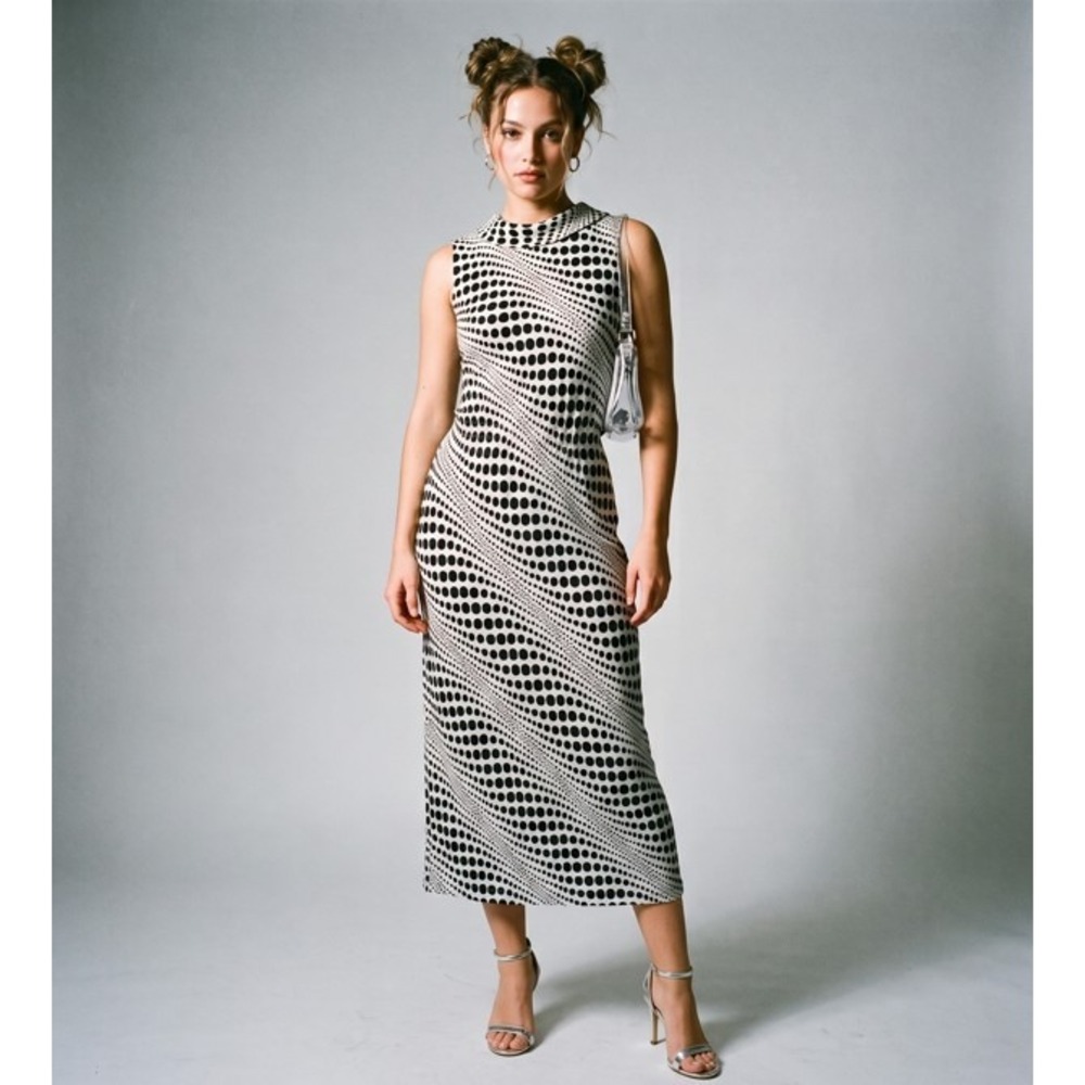 Robbie Bee Petite Black White Polka Dot Optical Illusion Cowl Neck Maxi Dress 6P